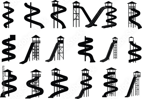 Set of Water Slide Silhouettes, Icon Collection of Spiral and Straight Slides, Aquatic Park Attractions, Black Vector Slides with Towers for Summer Theme Design