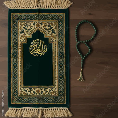 Ornate green Islamic prayer rug with gold Arabic calligraphy and tasbih prayer beads.