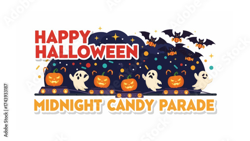 Spooky Midnight Candy Parade: A vibrant, festive illustration with Happy Halloween banners, grinning jack-o'-lanterns, and cheerful ghosts set against a starry night backdrop.