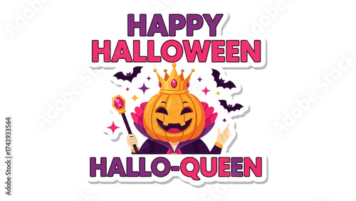 Happy Halloween Hallo-Queen: A joyful pumpkin character in a regal crown and cloak radiates festive cheer against a backdrop of bats, conjuring up the spirit of Halloween.