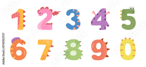 Learning numbers with funny and cute dinosaur fonts. Vector in flat style, isolated graphic for kids. Nursery or preschool educative cards or stickers. Childish lettering for child typography