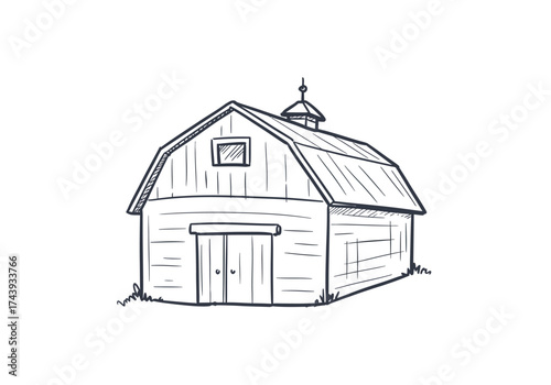 Sketchy handdrawn barn illustration featuring gambrel roof cupola window and double doors.