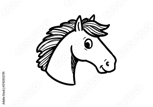 Charming handdrawn cartoon horse head with a friendly smile rendered in black and white line art.