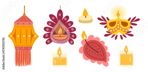 Elements of celebrating festival of light and renewal in India. Vector isolated table lamps and rangolis, candles and lantern. Hindu tradition, joy and spirituality. Symbols of Diwali holiday