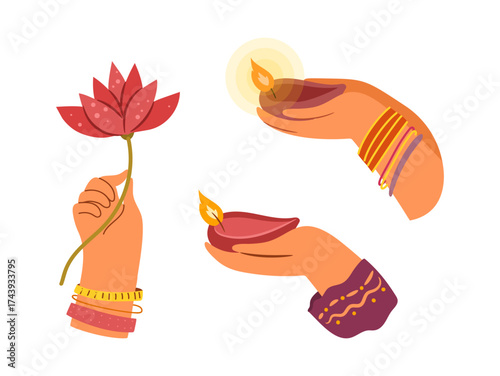 Indian people in traditional clothes holding lit oil lamps and lotus flower. Vector isolated female hands with bracelets carrying lighting device and water lily. Diya celebrating, Diwali festival