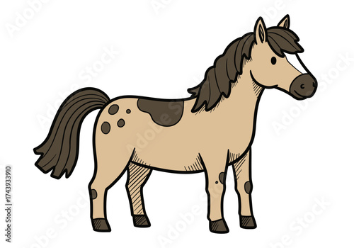 Charming cartoon illustration of a spotted pinto horse with a thick brown mane and tail.