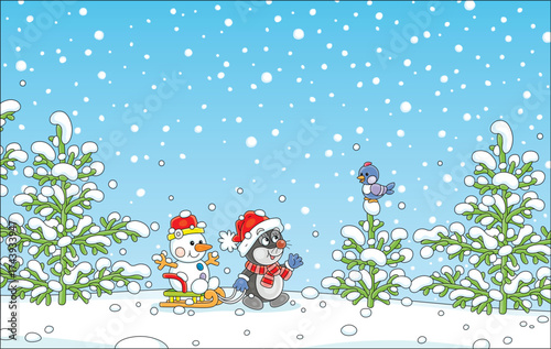 Cute little mole pulling its sledge with a small toy snowman and talking to a small bird perching on a snow-covered fir tree on a beautiful winter day in a snowy forest, vector cartoon illustration