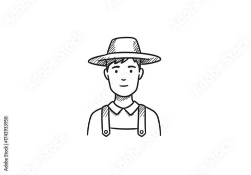 Friendly handdrawn cartoon person in widebrimmed hat and overalls simple sketch style.