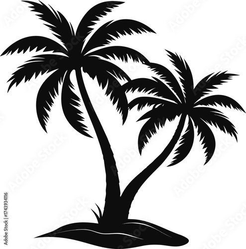 Silhouetted palm trees on a tropical island