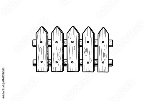 HandDrawn Wooden Picket Fence with Detailed Grain and Texture.