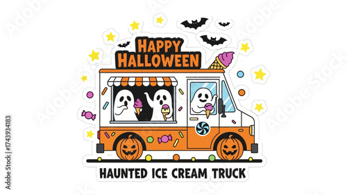 Spooky Sweet Treats: A whimsical illustration of a haunted ice cream truck decorated with pumpkins, bats, stars, and cheerful ghosts, promising sweet and spooky delights.
