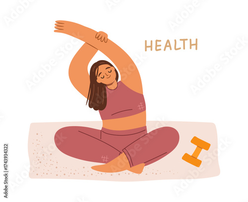 Healthy lifestyle and active routine. Vector in flat style, woman valuing health, priorities and life aspects. Pilates or yoga, wellbeing and relaxation, working out and doing exercises for body