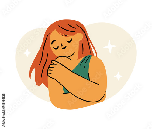 Astrology zodiac sign of Virgo. Vector in flat style, astrological earth element symbol. Isolated self loving personage, woman with glow and stars. Personality traits and common characteristics