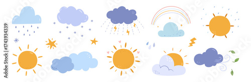 Sun and clouds, thunderstorm and rainbow. Vector in flat style, isolated set of weather forecast icons for design of applications and websites. Sunshine and hot days, raining and snowing