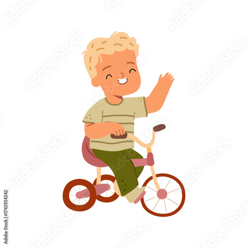 Boy character learning to ride bicycle. Vector in flat style, isolated cute personage toddler with smile on face riding on tricycle. Cycling activity and leisure time, biker spending day outdoors