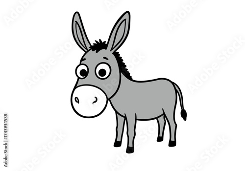 Adorable grey cartoon donkey with big eyes and a black mane standing still.