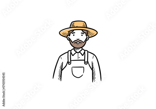 Handdrawn farmer character in a straw hat and overalls featuring a brown beard and simple line art style.