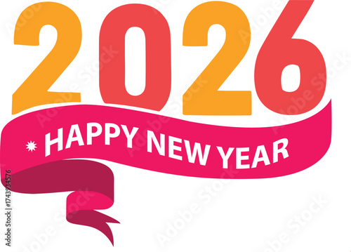 Happy New Year 2026 greeting with festive ribbon and gradient numbers