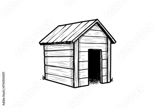 Handdrawn wooden shed with gabled roof and open doorway.