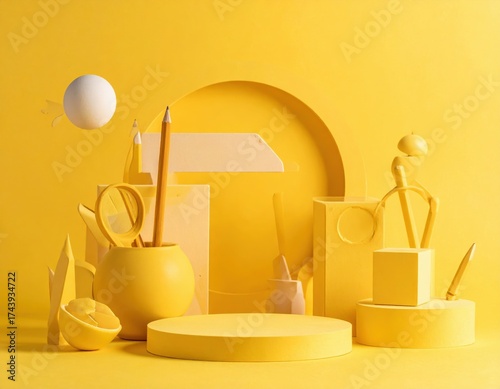 Abstract Yellow Composition with Geometric Shapes and Objects on a Vibrant Backdrop