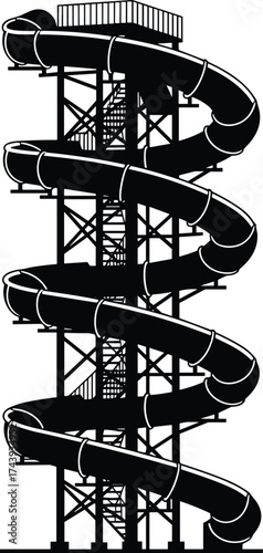 Spiral water slide, outdoor amusement park, recreational structure, summer fun, tall slide tower, curved tube, family attraction, engineering design, thrill ride, adventure, leisure activity
