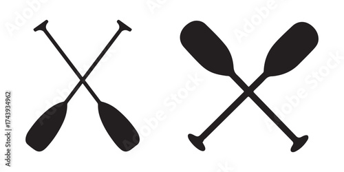 Crossed oars silhouette vector, Two boat paddles silhouette vector,  Canoe oars symbol
