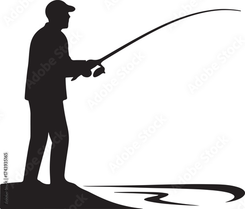 Silhouette of a Fisherman Casting a Line on a Riverbank