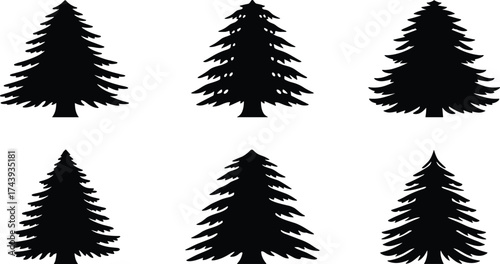 Evergreen tree silhouettes set, coniferous forest icons, black and white botanical illustration, pine tree shapes, nature design, woodland, outdoor landscape artwork