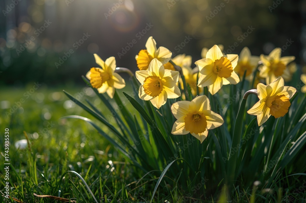 Fototapeta premium Bright yellow daffodils blossoming in a backyard