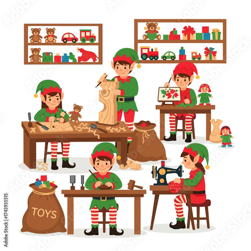 Christmas elves busy making toys in Santas workshop.