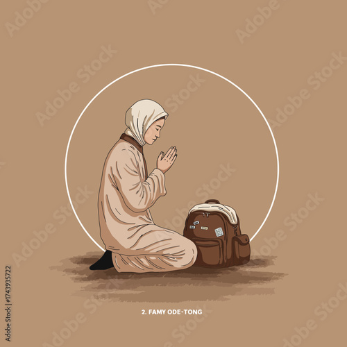 Praying Muslim Woman in Beige Garment with Brown Backpack
