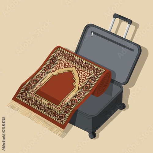 Ornate Islamic prayer rug with mihrab design, partially rolled into an open travel suitcase