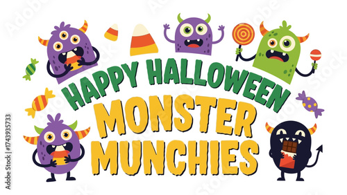 Halloween Monster Munchies: A whimsical illustration of cheerful monsters gathered around a feast of candies and treats. A delightful display to wish everyone a Happy Halloween.
