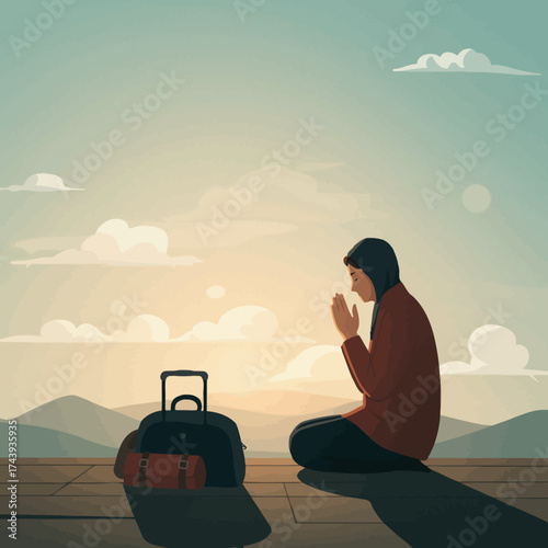 A Muslim woman in a black hijab and maroon jacket kneels in prayer, her hands clasped together, with her travel luggage beside her.