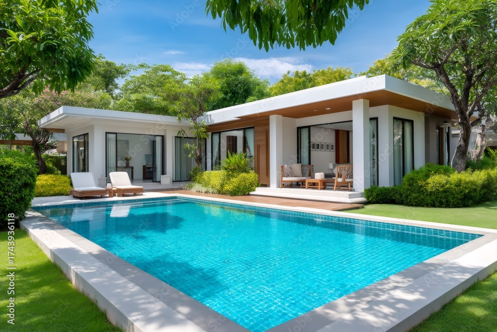 Fototapeta premium Modern luxury villa with tropical swimming pool and lush garden