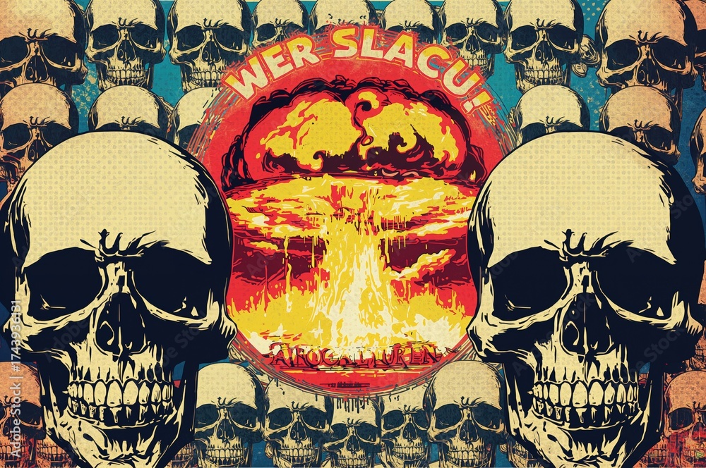 Obraz premium Contemporary poster featuring POP ART with skull motifs and a nuclear blast backdrop depicting war's terrors and propaganda.