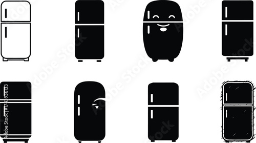 Refrigerator icons set, kitchen appliance silhouettes, black and white fridge designs, household appliance illustration, cooling storage, modern and retro refrigerator symbols