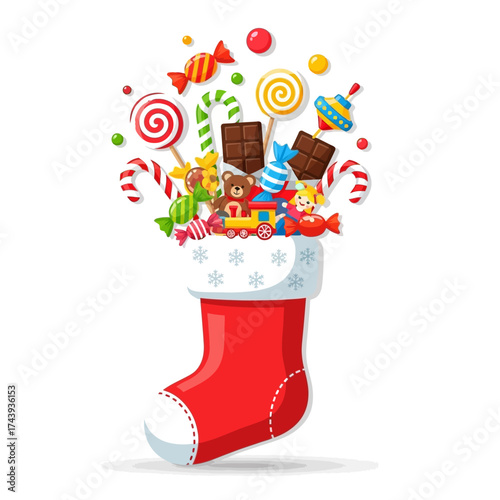 Christmas Stocking Filled with Candies and Toys.