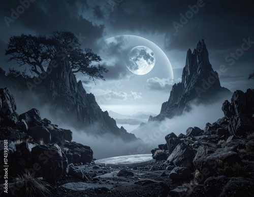 Mystical Night Landscape with Moon and Mountains in Dark Atmosphere