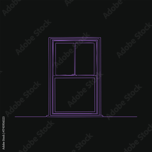 Minimalist neon outline of a window with multiple panes on a black , emphasizing geometric design and modern aesthetics