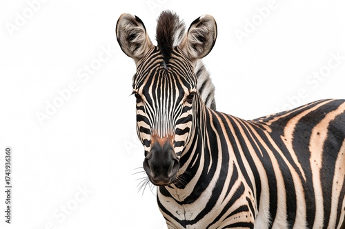 Close-up of a young zebra against a white backdrop
