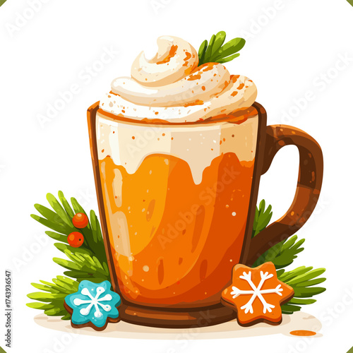 Vector illustration of festive mug with pumpkin spice latte, whipped cream, cookies and fir branches isolated on a white background. Vector illustration of winter beverage on white background