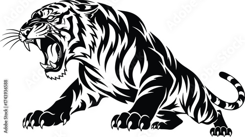Roaring tiger illustration, aggressive wild cat artwork, black and white animal design, fierce predator symbol, strength, power, courage, wildlife tattoo art