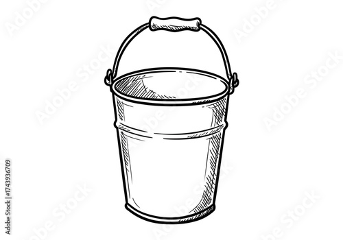 Classic metal utility bucket with wooden handle handdrawn sketch illustration.