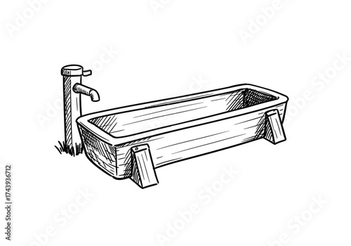 Handdrawn Wooden Water Trough with Faucet Sketch Illustration.
