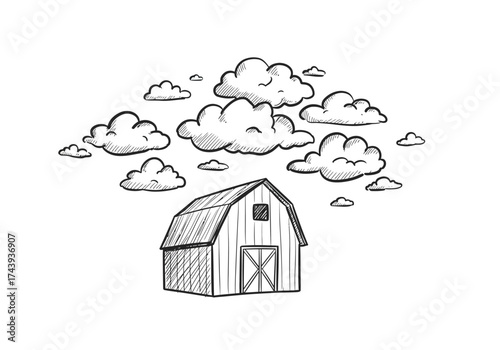 Handdrawn Barn with Clouds Simple Sketch of Farm Building.