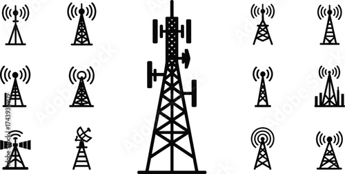 Telecommunication tower and radio signal antenna icons collection, wireless communication mast symbols, network transmission tower silhouette, mobile cell tower illustration, internet 