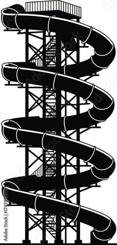 Spiral water slide, outdoor aqua park attraction, recreational structure, summer fun, thrilling ride, curved slide design, tower staircase, family entertainment, adventure zone, leisure destination