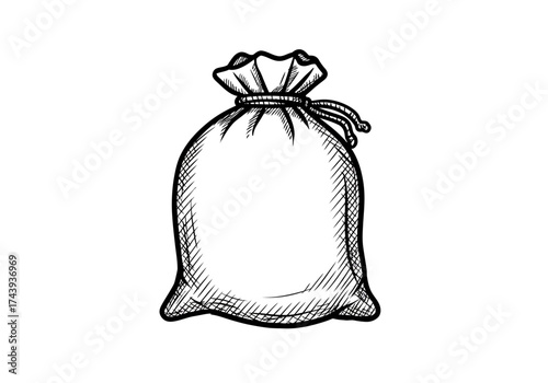 Rustic handdrawn burlap sack tied with a rope featuring sketchstyle crosshatch shading.