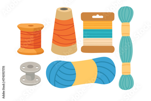 Vector illustration with colorful sewing threads, yarn, and spools isolated on white background.